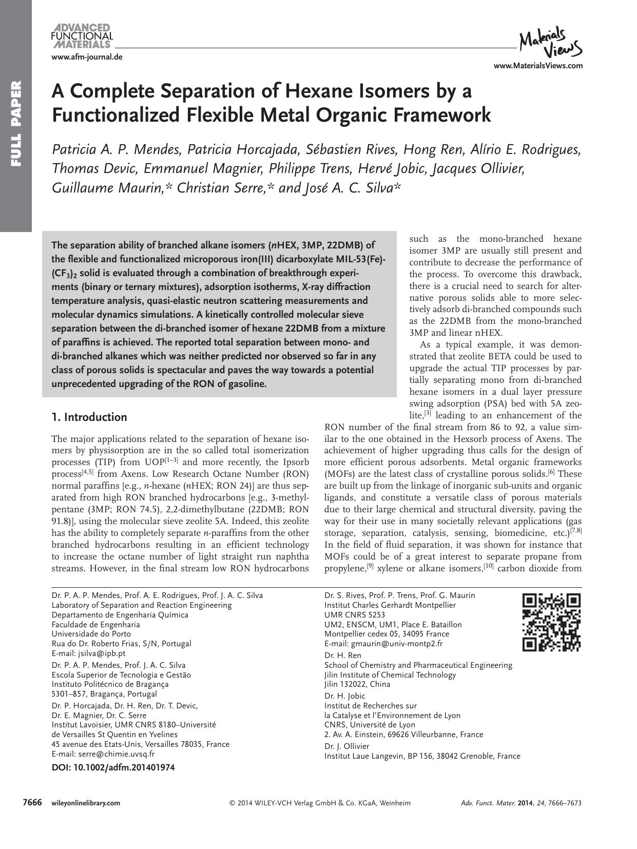 A Complete Separation of Hexane Isomers by a Functionalized Flexible Metal Organic Framework by processteam