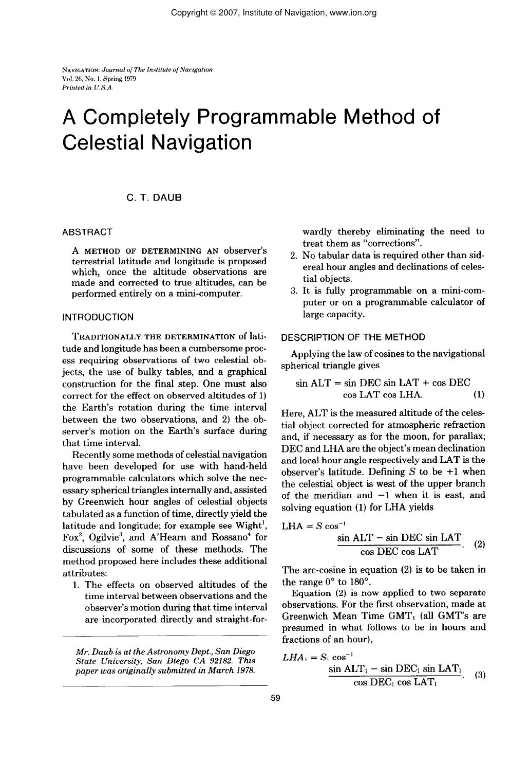 A Completely Programmable Method of Celestial Navigation by C. T. DAUB