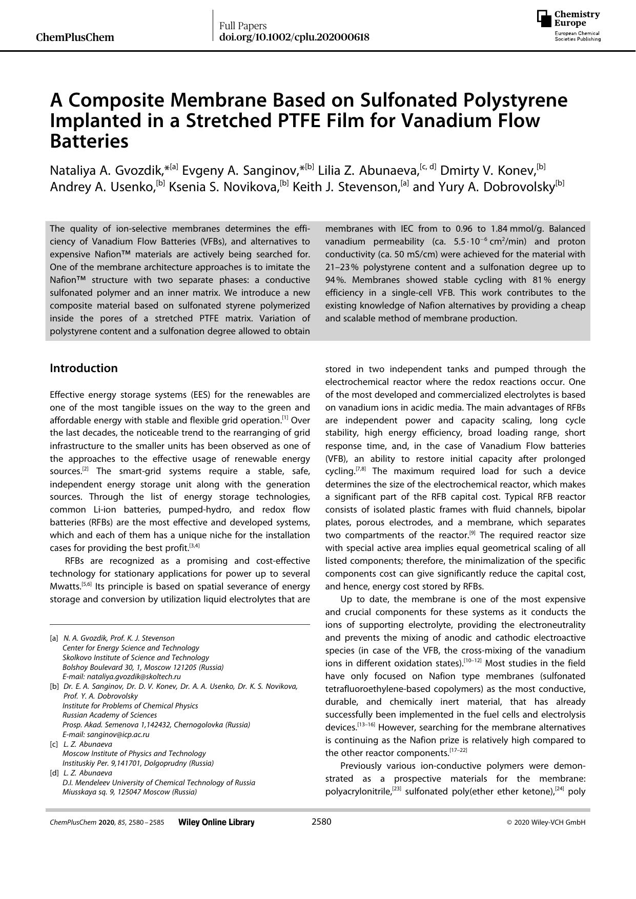 A Composite Membrane Based on Sulfonated Polystyrene Implanted in a Stretched PTFE Film for Vanadium Flow Batteries by Unknown