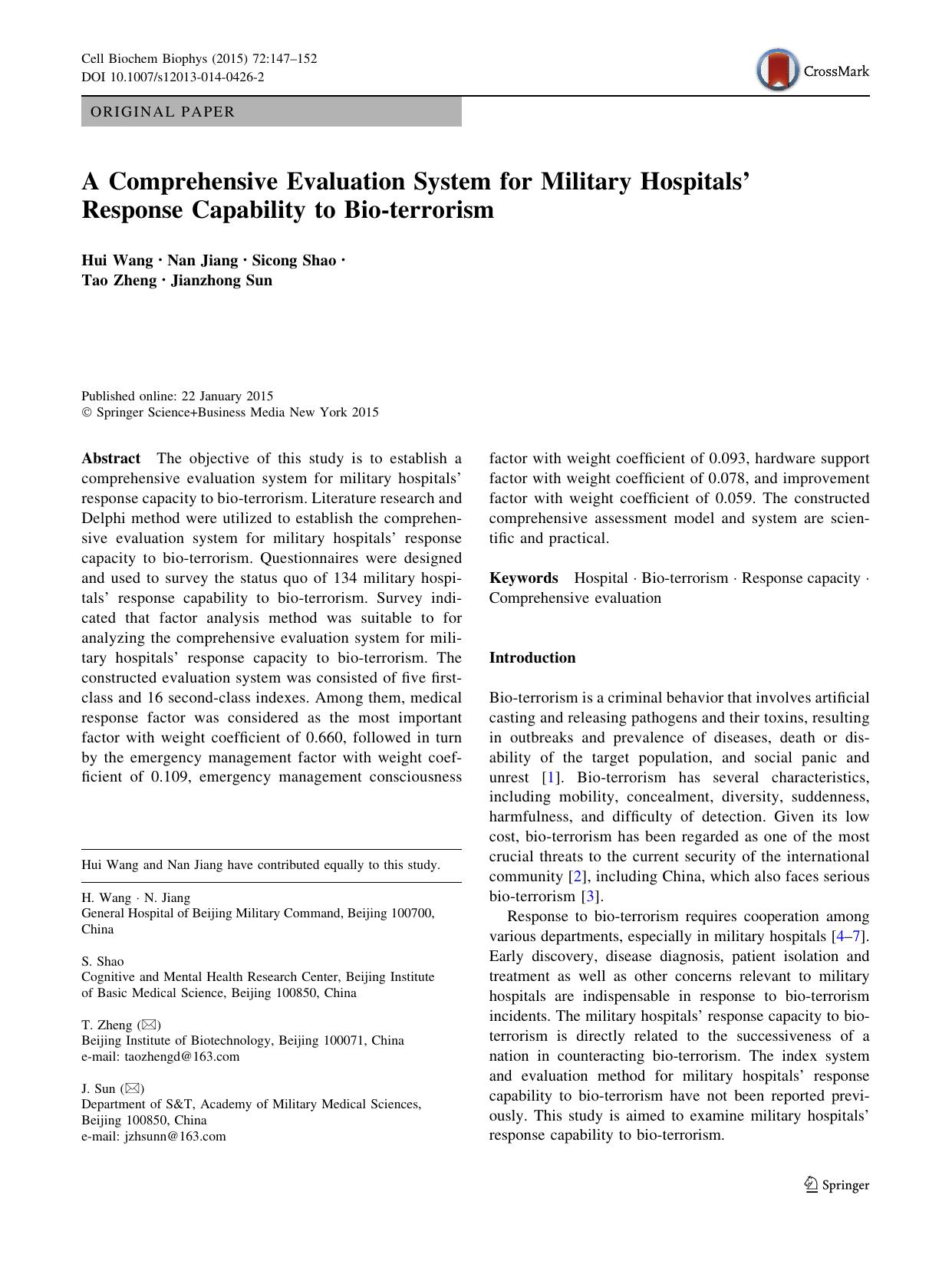 A Comprehensive Evaluation System for Military Hospitalsâ Response Capability to Bio-terrorism by Hui Wang & Nan Jiang & Sicong Shao & Tao Zheng & Jianzhong Sun
