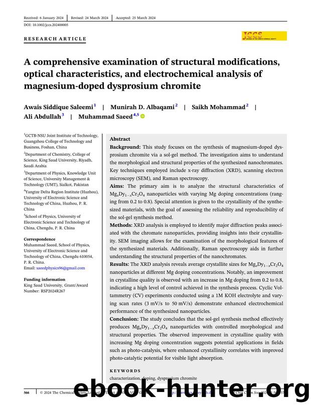 A Comprehensive Examination of Structural Modifications, Optical Characteristics and Electrochemical analysis of MagnesiumâDoped Dysprosium Chromite by Unknown