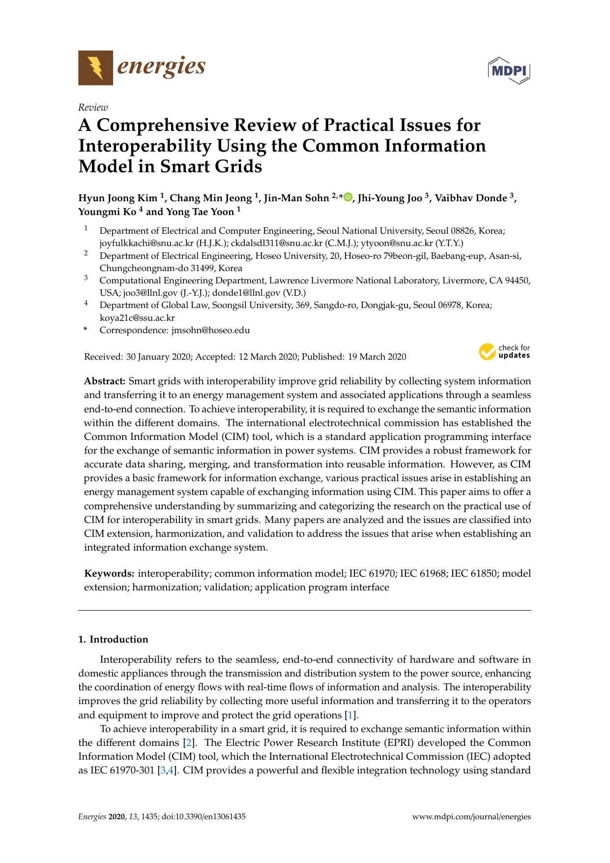A Comprehensive Review of Practical Issues for Interoperability Using the Common Information Model in Smart Grids by Hyun Joong Kim