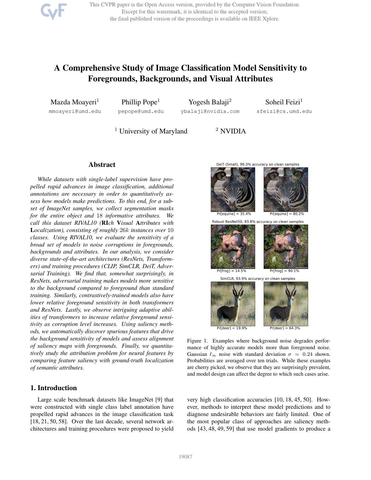 A Comprehensive Study of Image Classification Model Sensitivity to Foregrounds, Backgrounds, and Visual Attributes by Mazda Moayeri & Phillip Pope & Yogesh Balaji & Soheil Feizi