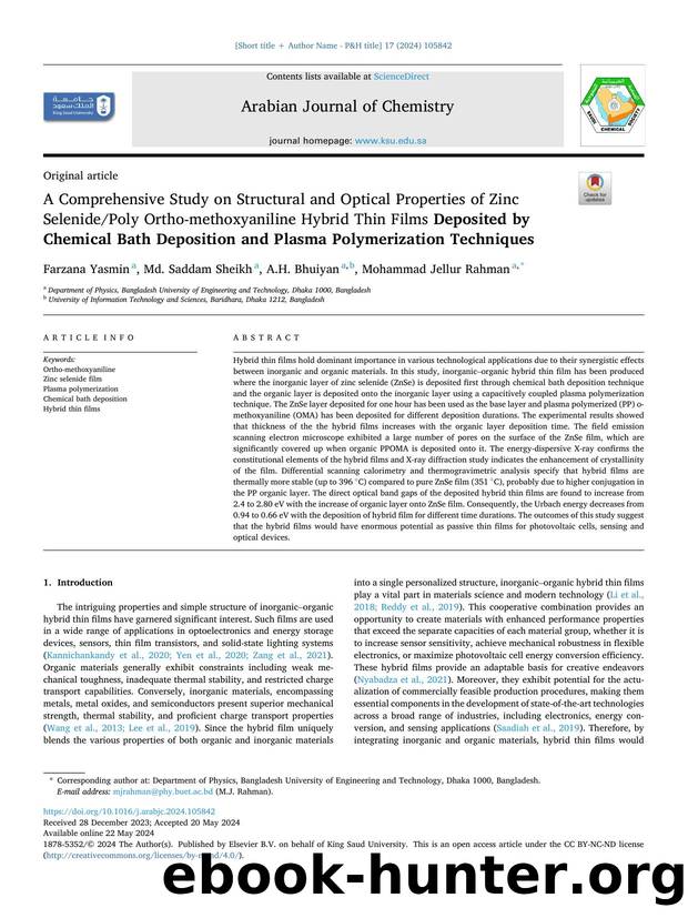 A Comprehensive Study on Structural and Optical Properties of Zinc SelenidePoly Ortho-methoxyaniline Hybrid Thin Films Deposited by Chemical Bath Deposition and Plasma Polymerization Techniques by Farzana Yasmin & Md. Saddam Sheikh & A.H. Bhuiyan & Mohammad Jellur Rahman
