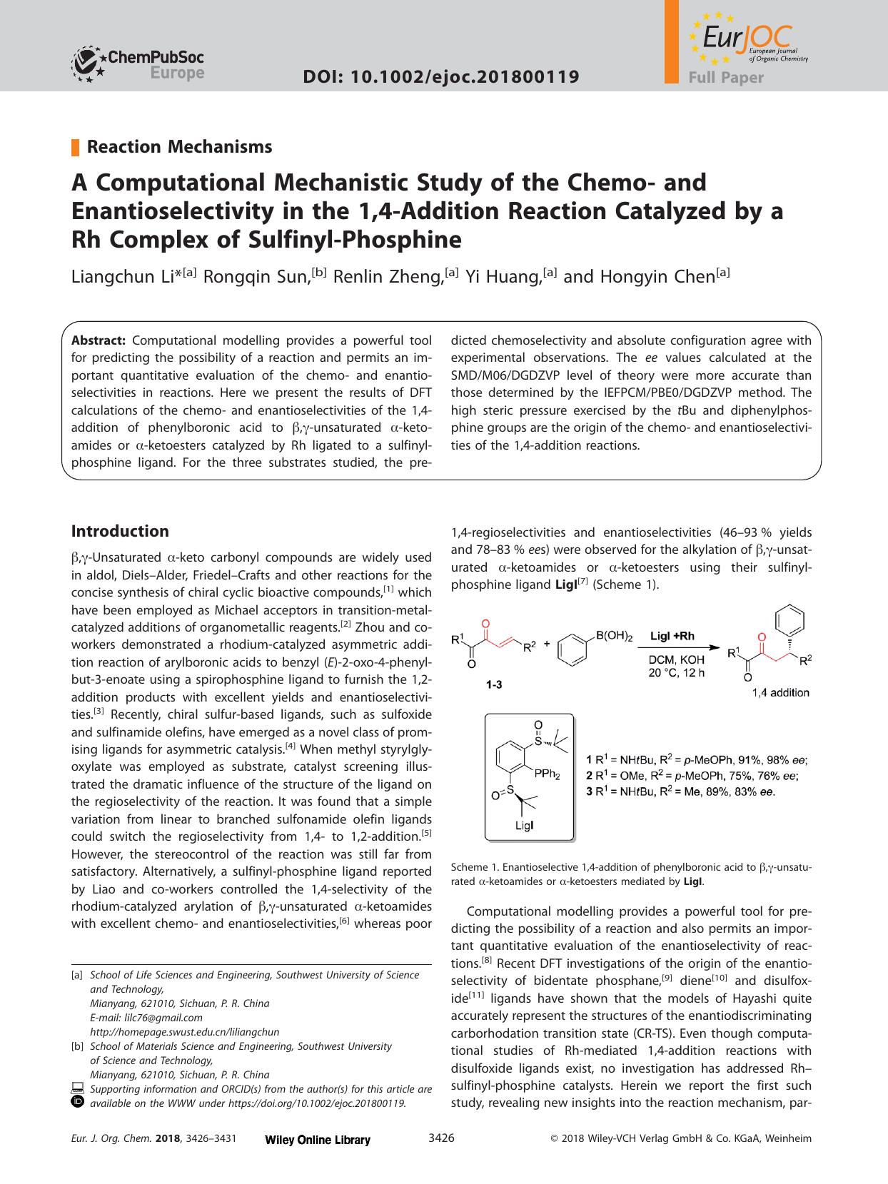 A Computational Mechanistic Study of the Chemo‐ and Enantioselectivity in the 1,4‐Addition Reaction Catalyzed by a Rh Complex of Sulfinyl‐Phosphine by Unknown