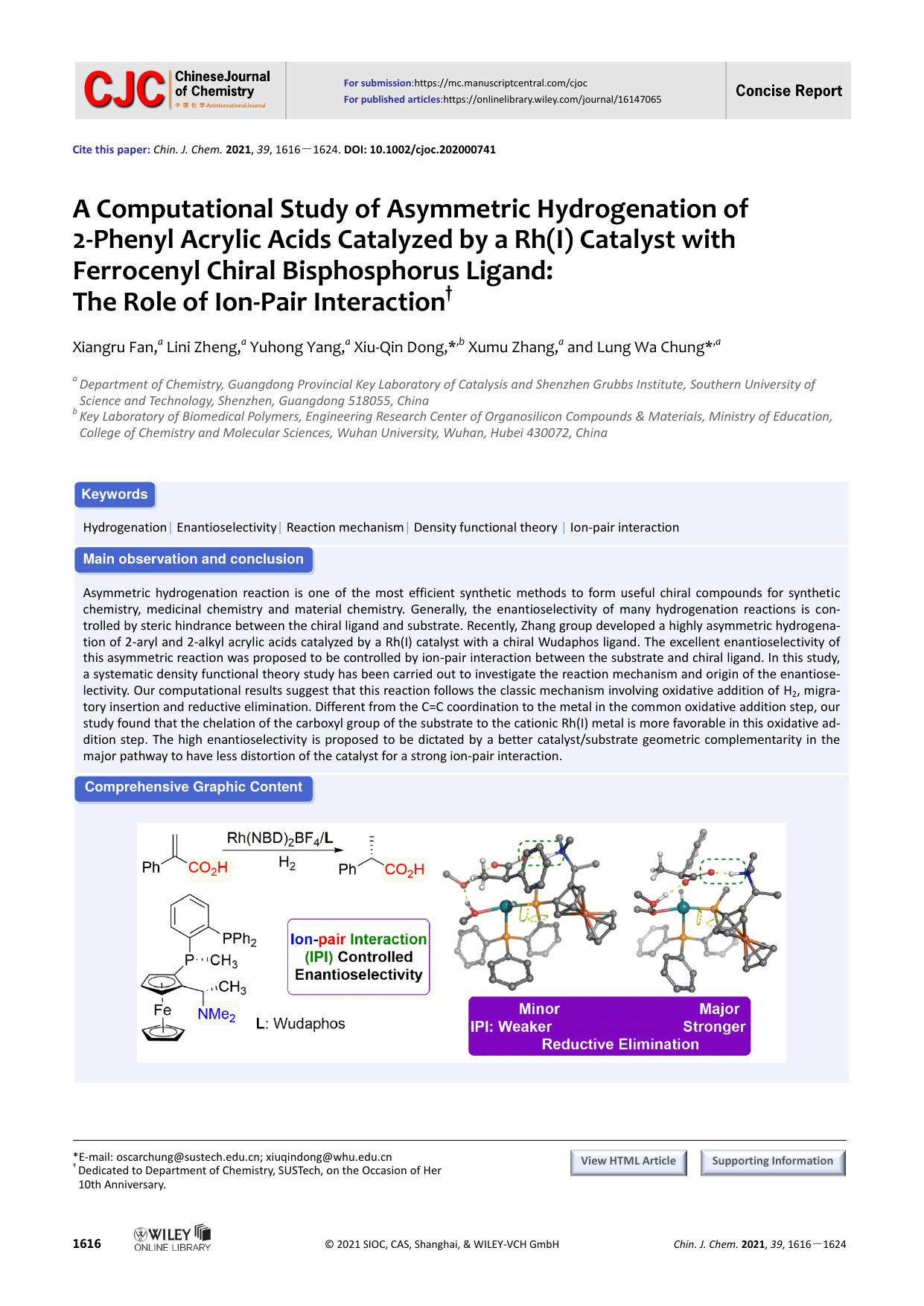 A Computational Study of Asymmetric Hydrogenation of 2-Phenyl Acrylic Acids Catalyzed by a Rh(I) Catalyst with Ferrocenyl Chiral Bisphosphorus Ligand: The Role of Ion-pair Interaction by 57156459