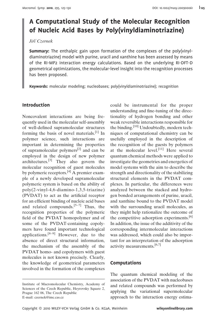 A Computational Study of the Molecular Recognition of Nucleic Acid Bases by Poly(vinyldiaminotriazine) by Unknown
