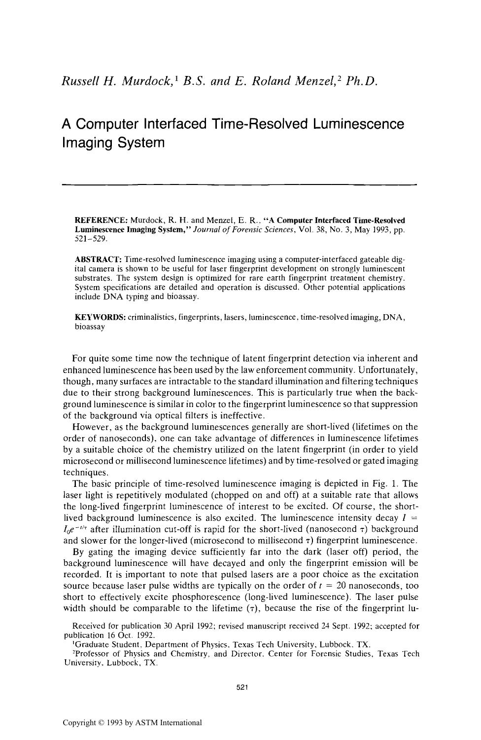 A Computer Interfaced Time-Resolved Luminescence Imaging System by Murdock RH Menzel ER