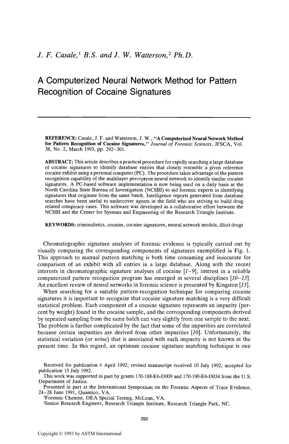 A Computerized Neural Network Method for Pattern Recognition of Cocaine Signatures by Casale JF Watterson JW
