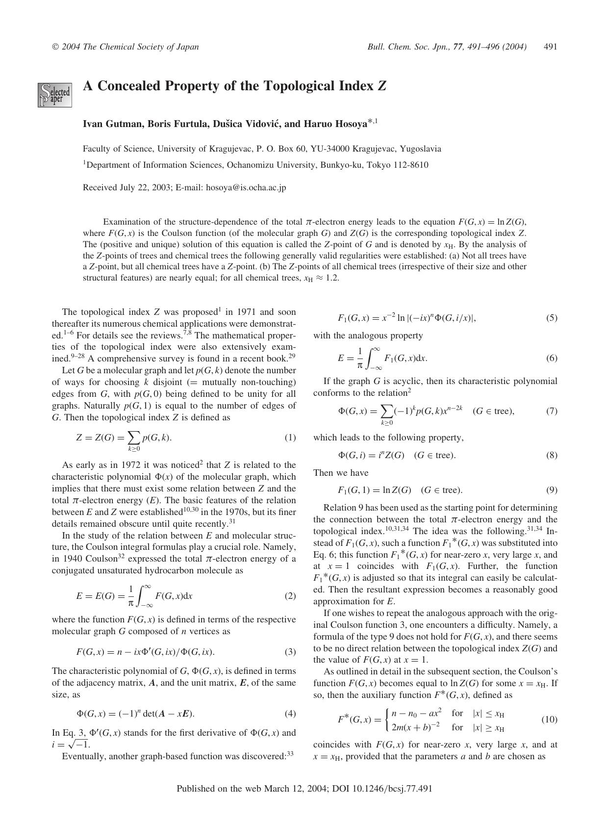 A Concealed Property of the Topological Index Z by Ivan Gutman Boris Furtula Duica Vidovi & Haruo Hosoya