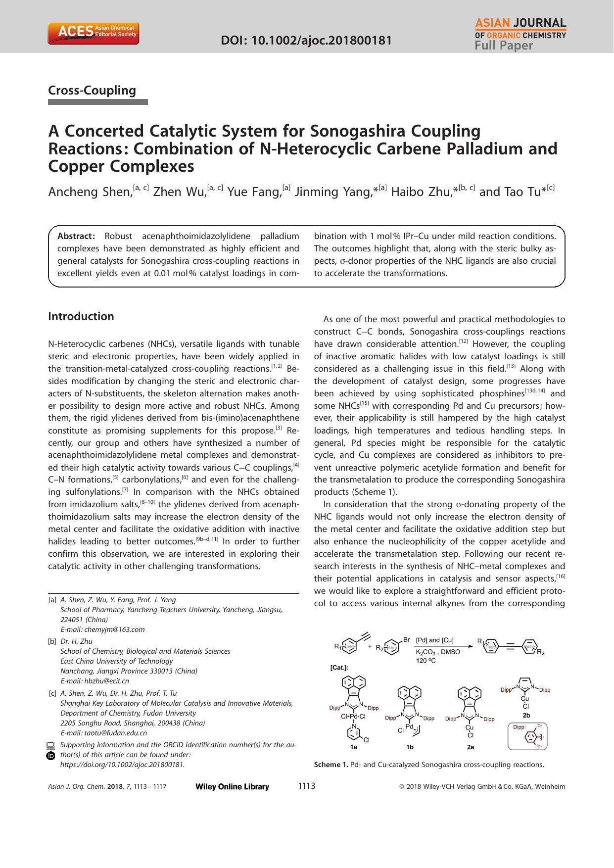 A Concerted Catalytic System for Sonogashira Coupling Reactions: Combination of NâHeterocyclic Carbene Palladium and Copper Complexes by Unknown