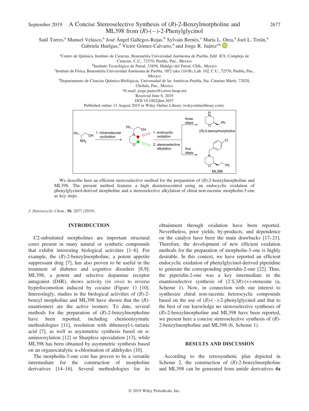 A Concise Stereoselective Synthesis of (R)-2-Benzylmorpholine and ML398 from (R)-(â)-2-Phenylglycinol by unknow