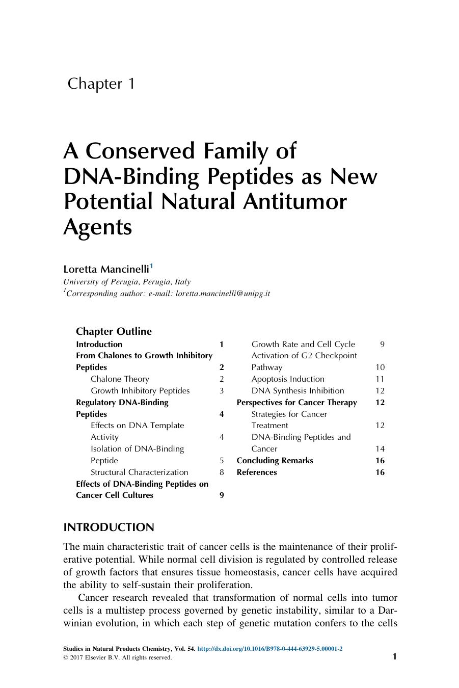A Conserved Family of DNA-Binding Peptides as New Potential Natural Antitumor Agents by Loretta Mancinelli