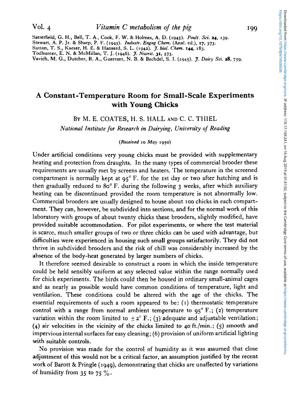 A Constant-Temperature Room for Small-Scale Experiments with Young Chicks by M. E. Coates H. S. Hall & C. C. Thiel
