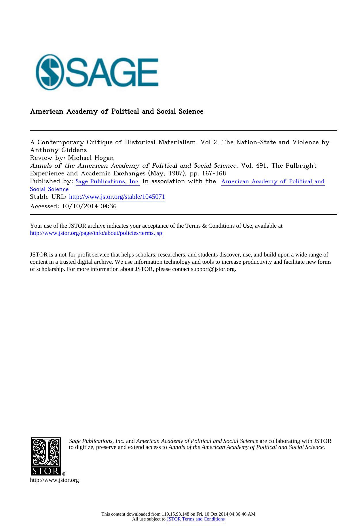 A Contemporary Critique of Historical Materialism. Vol 2, The Nation-State and Violence by Anthony Giddens by unknow