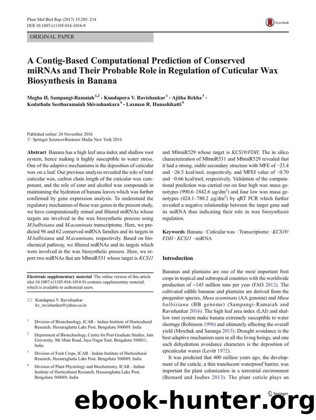 A Contig-Based Computational Prediction of Conserved miRNAs and Their Probable Role in Regulation of Cuticular Wax Biosynthesis in Banana by unknow