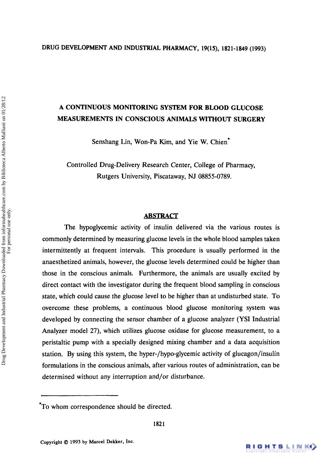 A Continuous Monitoring system for Blood Glucose Measurements in conscious Animals without Surgery by Senshang Lin Won-Pa Kim & Yie W. Chien