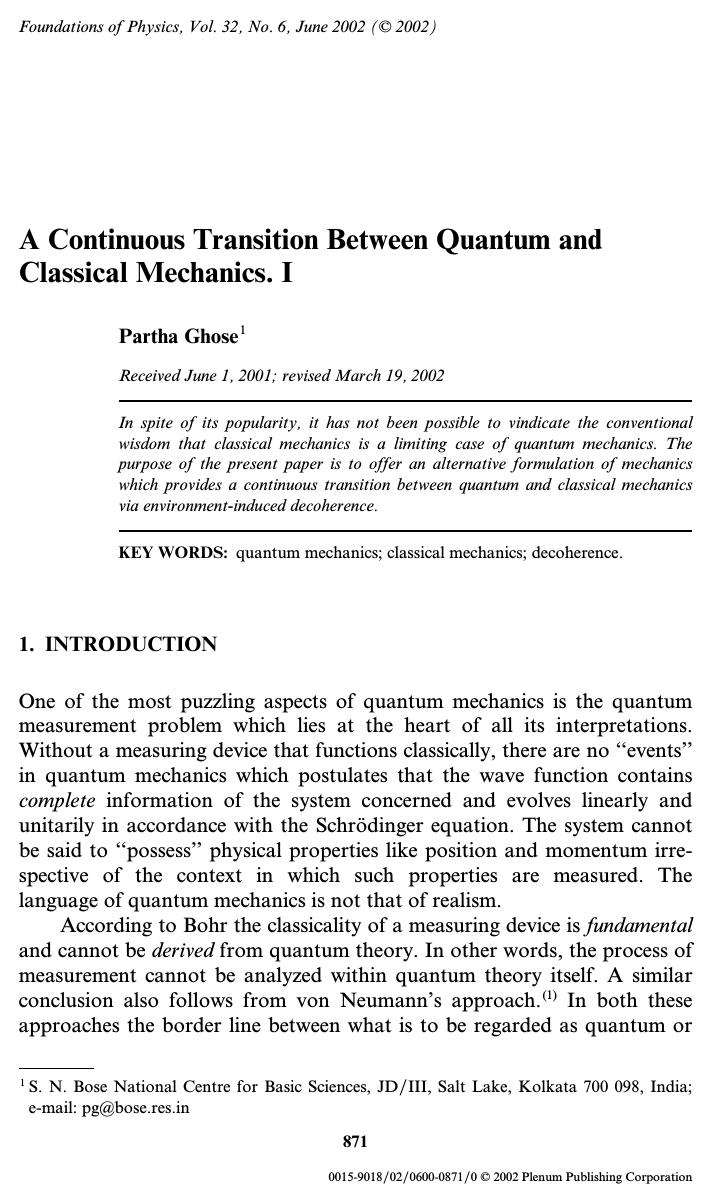 A Continuous Transition Between Quantum and Classical Mechanics. I by Unknown