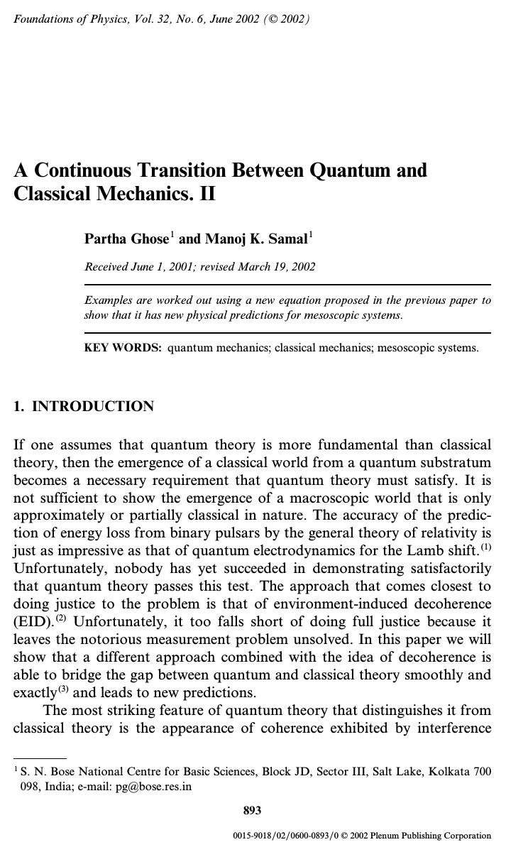 A Continuous Transition Between Quantum and Classical Mechanics. II by Unknown