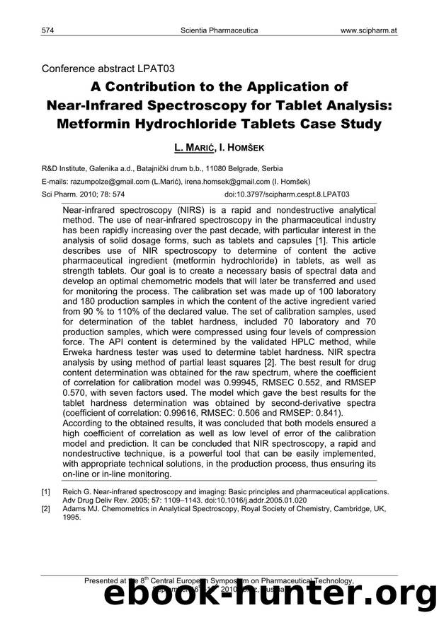 A Contribution to the Application of Near-Infrared Spectroscopy for Tablet Analysis: Metformin Hydrochloride Tablets Case Study by L. MARIĆ & I. HOMŠEK