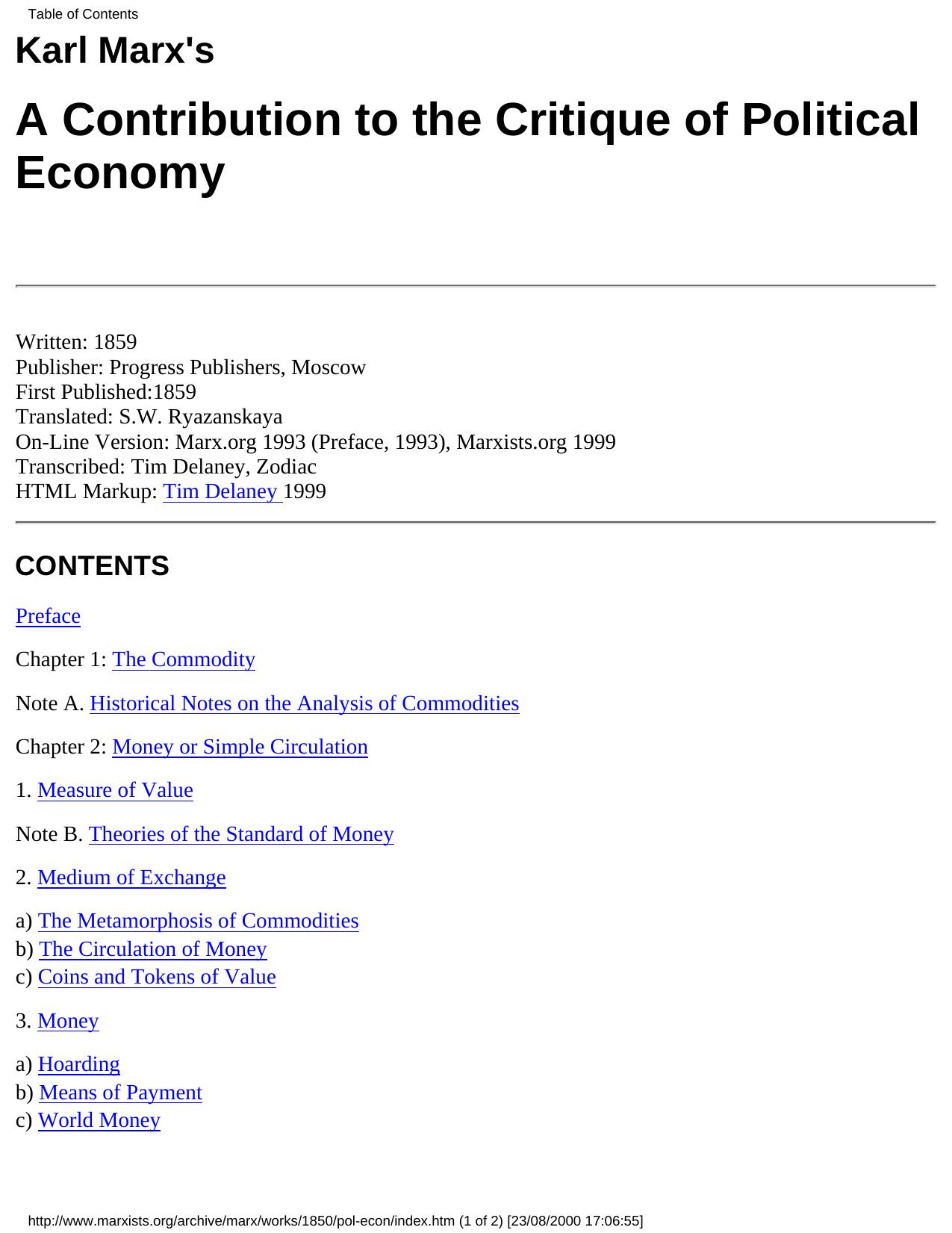 A Contribution to the Critique of Political Economy by Karl Marx