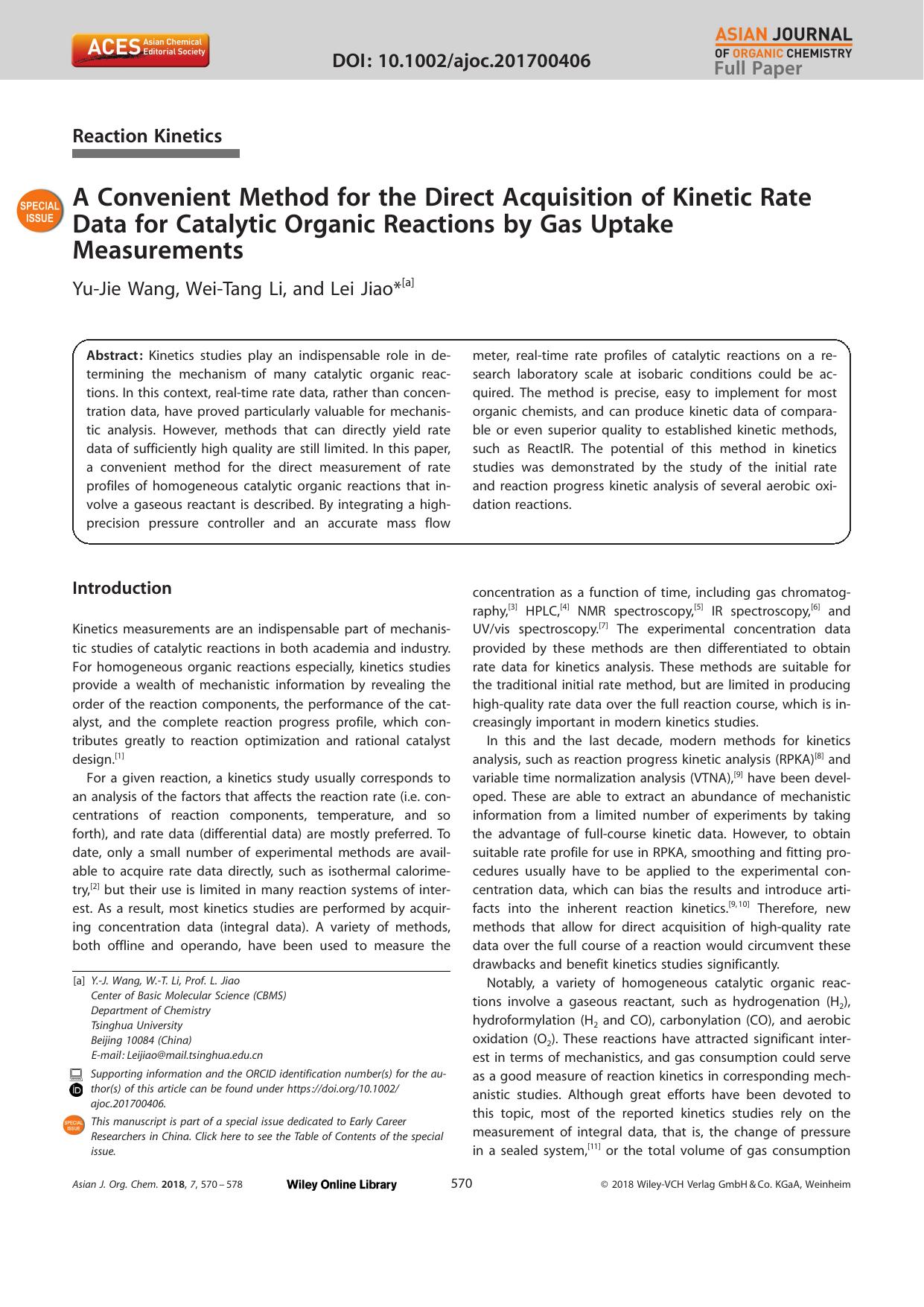 A Convenient Method for the Direct Acquisition of Kinetic Rate Data for Catalytic Organic Reactions by Gas Uptake Measurements by Unknown