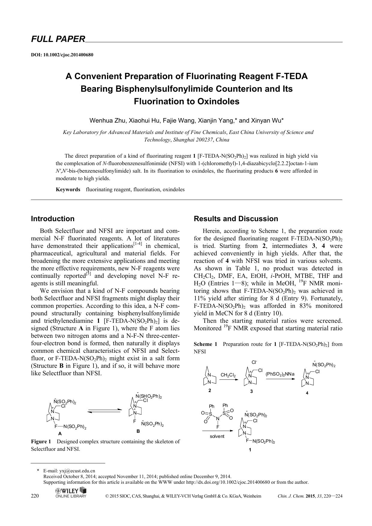 A Convenient Preparation of Fluorinating Reagent FTEDA Bearing Bisphenylsulfonylimide Counterion and Its Fluorination to Oxindoles by kxk1