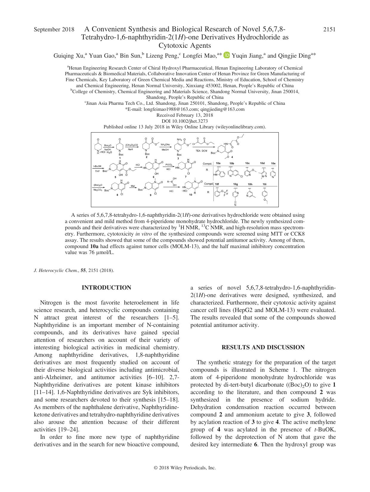 A Convenient Synthesis and Biological Research of Novel 5,6,7,8-Tetrahydro-1,6-naphthyridin-2(1H)-one Derivatives Hydrochloride as Cytotoxic Agents by Guiqing Xu Yuan Gao Bin Sun Lizeng Peng Longfei Mao Yuqin Jiang Qingjie Ding