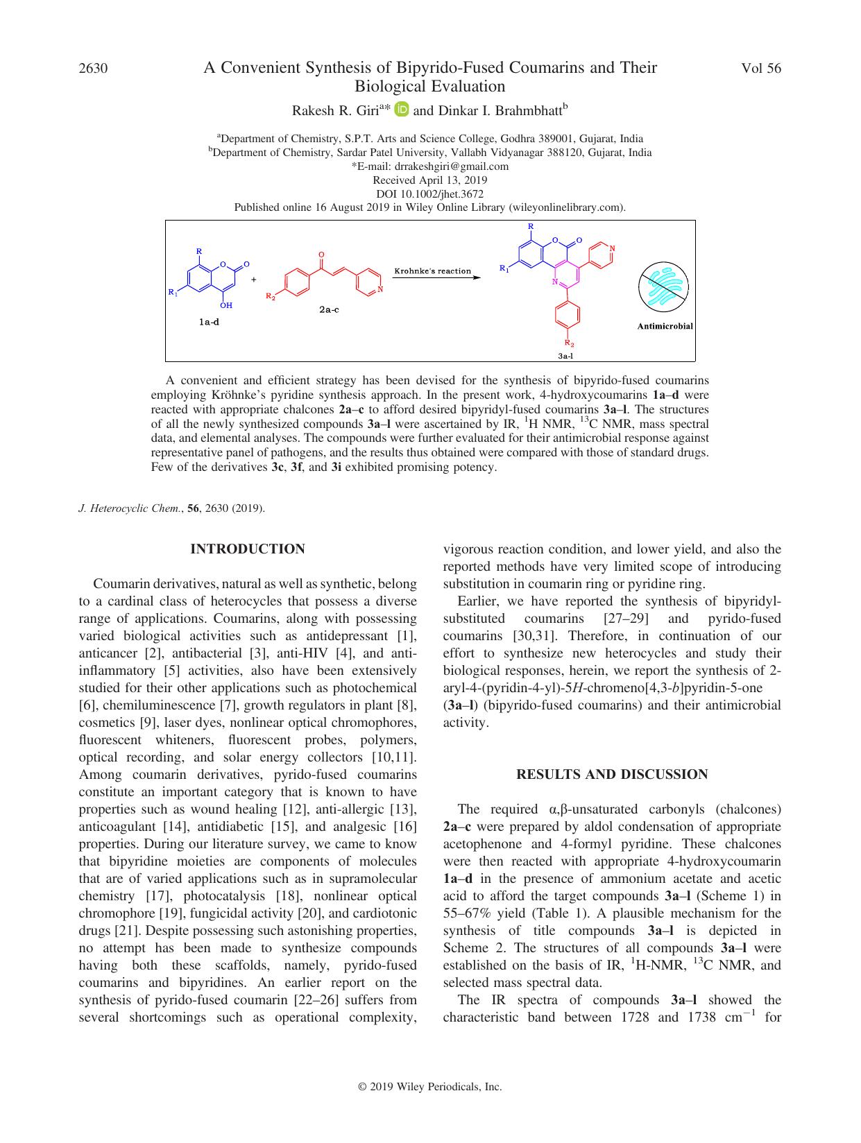 A Convenient Synthesis of Bipyrido-Fused Coumarins and Their Biological Evaluation by Rakesh R. Giri & Dinkar I. Brahmbhatt