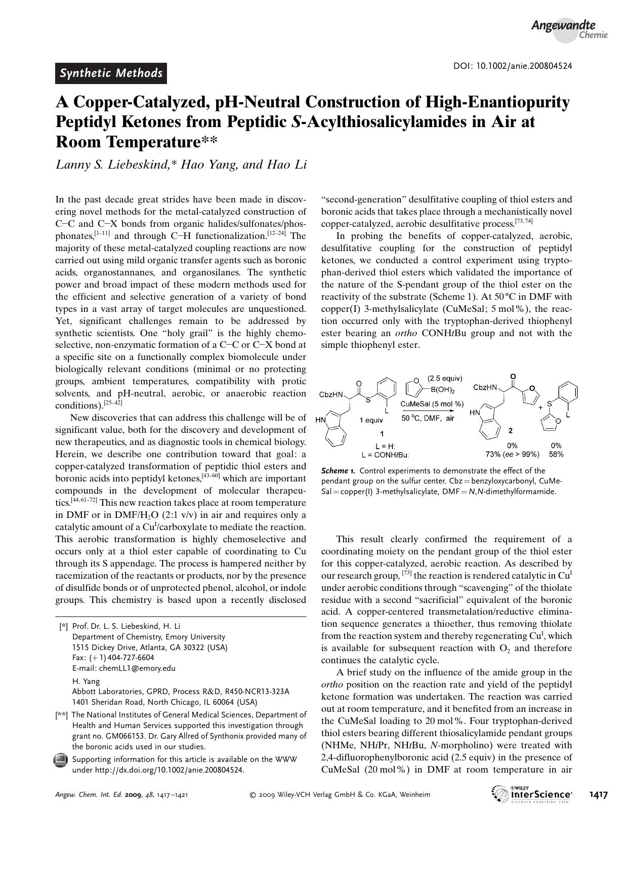 A Copper-Catalyzed, pH-Neutral Construction of High-Enantiopurity Peptidyl Ketones from Peptidic S-Acylthiosalicylamides in Air at Room Temperature by Unknown