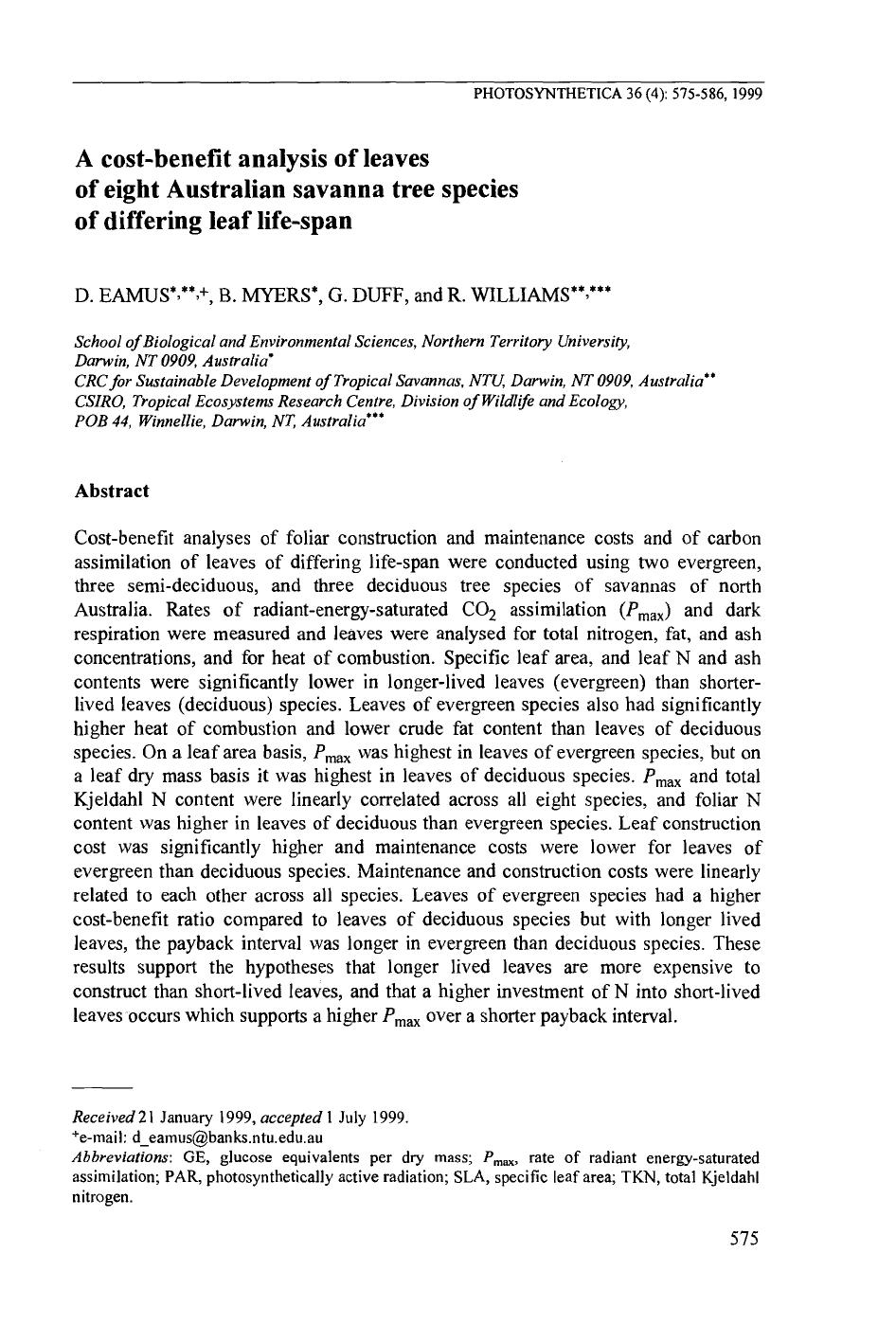 A Cost-Benefit Analysis of Leaves of Eight Australian Savanna Tree Species of Differing Leaf Life-Span by Unknown