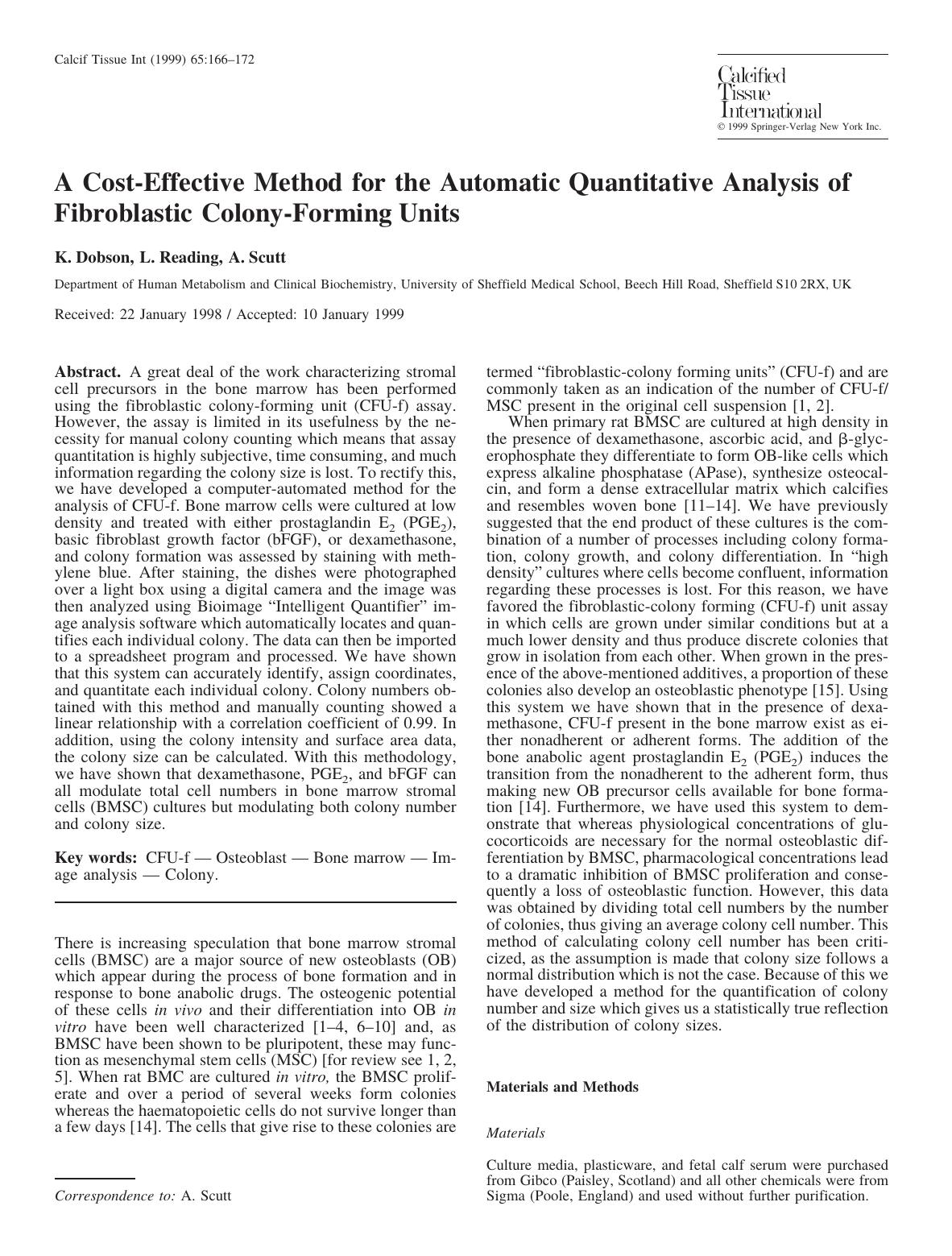 A Cost-Effective Method for the Automatic Quantitative Analysis of Fibroblastic Colony-Forming Units by Dobson K. et al