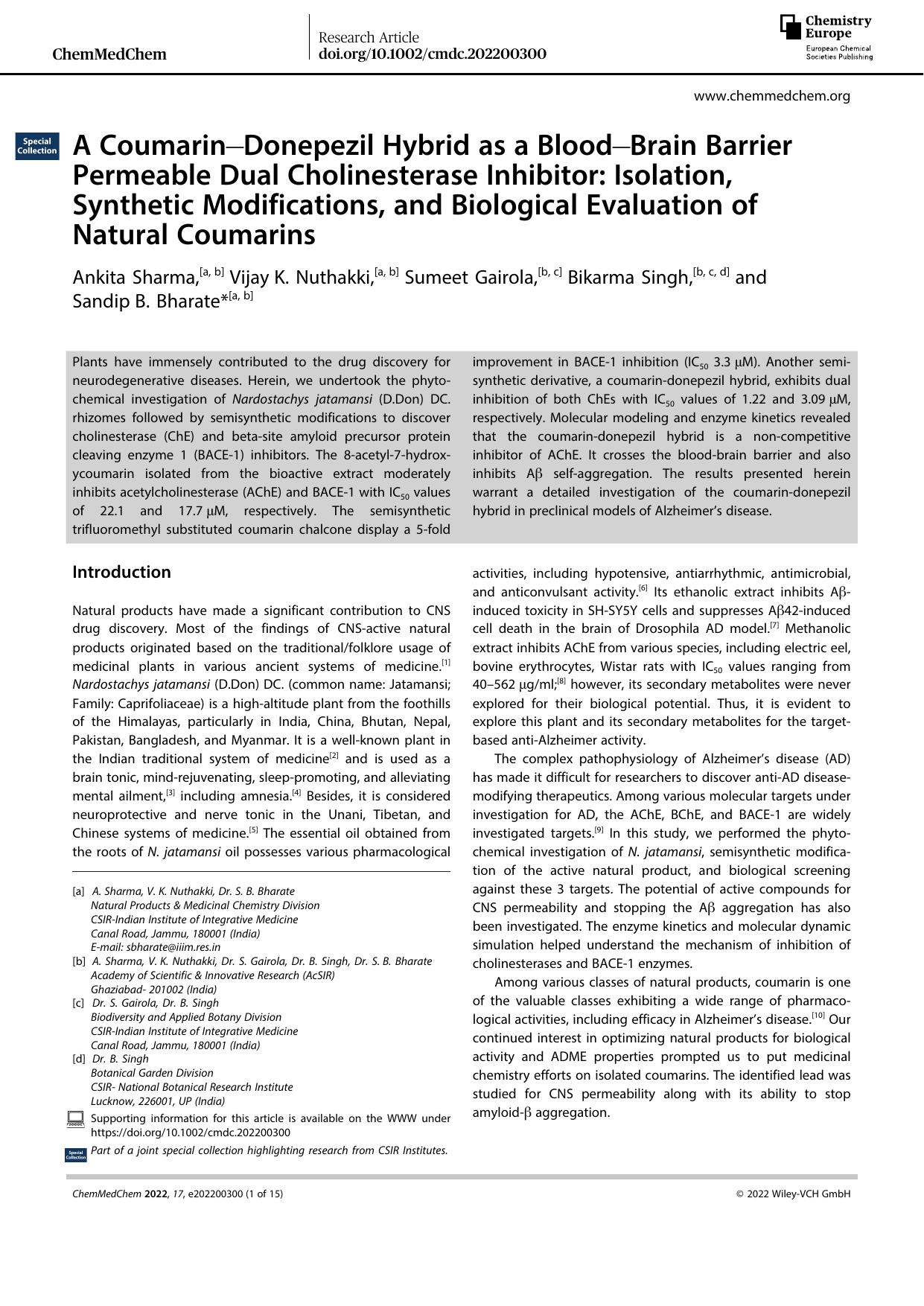 A CoumarinâDonepezil Hybrid as a BloodâBrain Barrier Permeable Dual Cholinesterase Inhibitor: Isolation, Synthetic Modifications, and Biological Evaluation of Natural Coumarins by Unknown