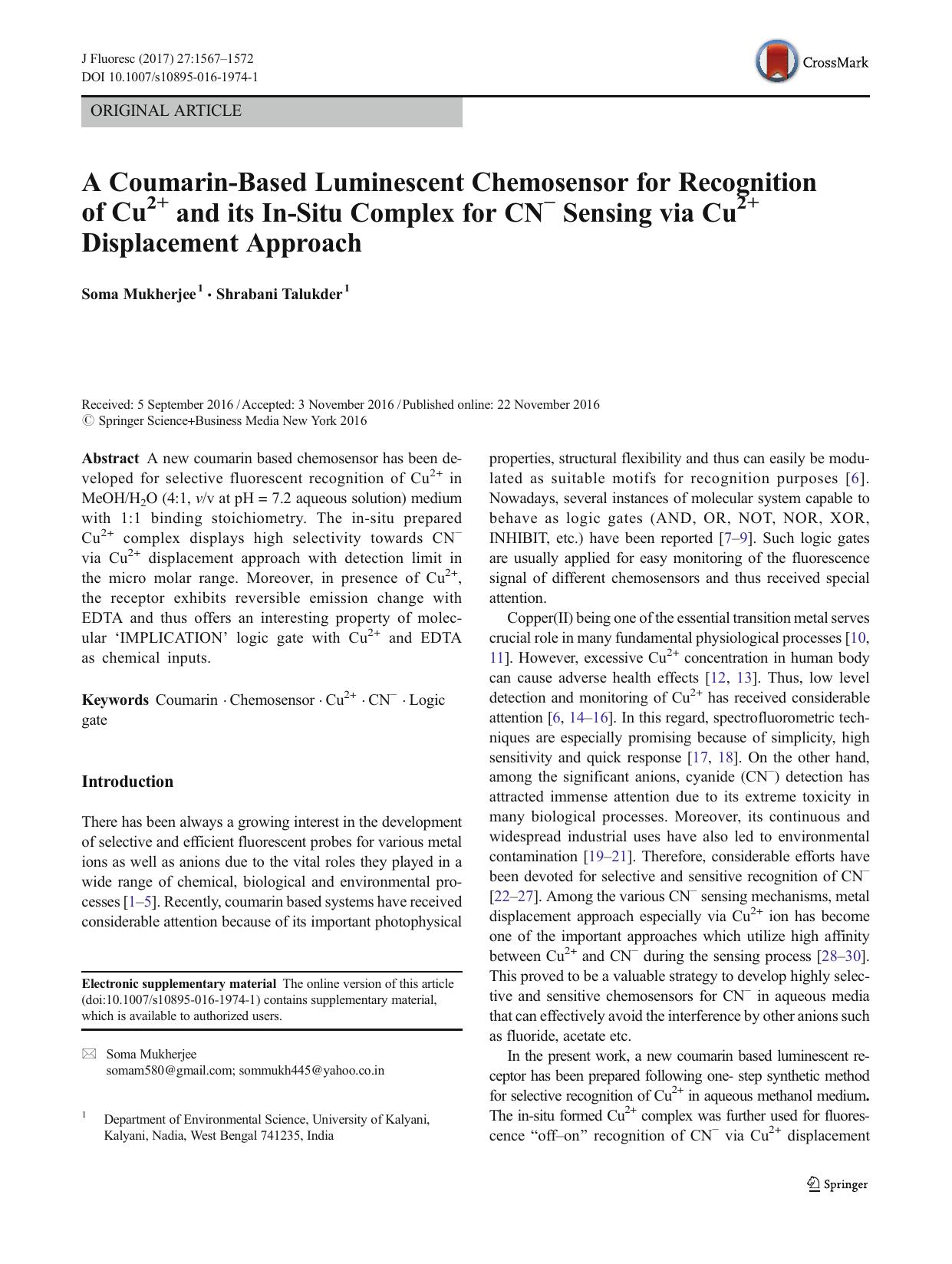 A Coumarin-Based Luminescent Chemosensor for Recognition of Cu2+ and its In-Situ Complex for CNâ Sensing via Cu2+ Displacement Approach by Soma Mukherjee & Shrabani Talukder