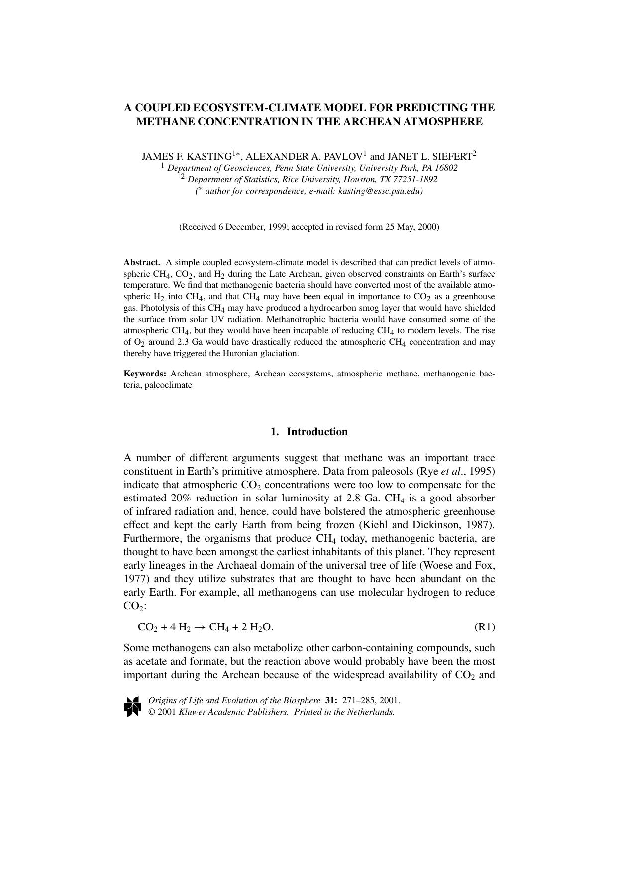 A Coupled Ecosystem-Climate Model for Predicting the Methane Concentration in the Archean Atmosphere by Unknown