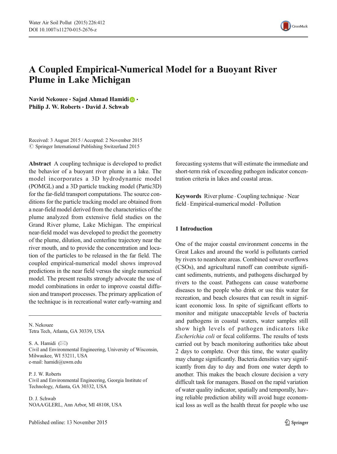 A Coupled Empirical-Numerical Model for a Buoyant River Plume in Lake Michigan by Navid Nekouee & Sajad Ahmad Hamidi & Philip J. W. Roberts & David J. Schwab