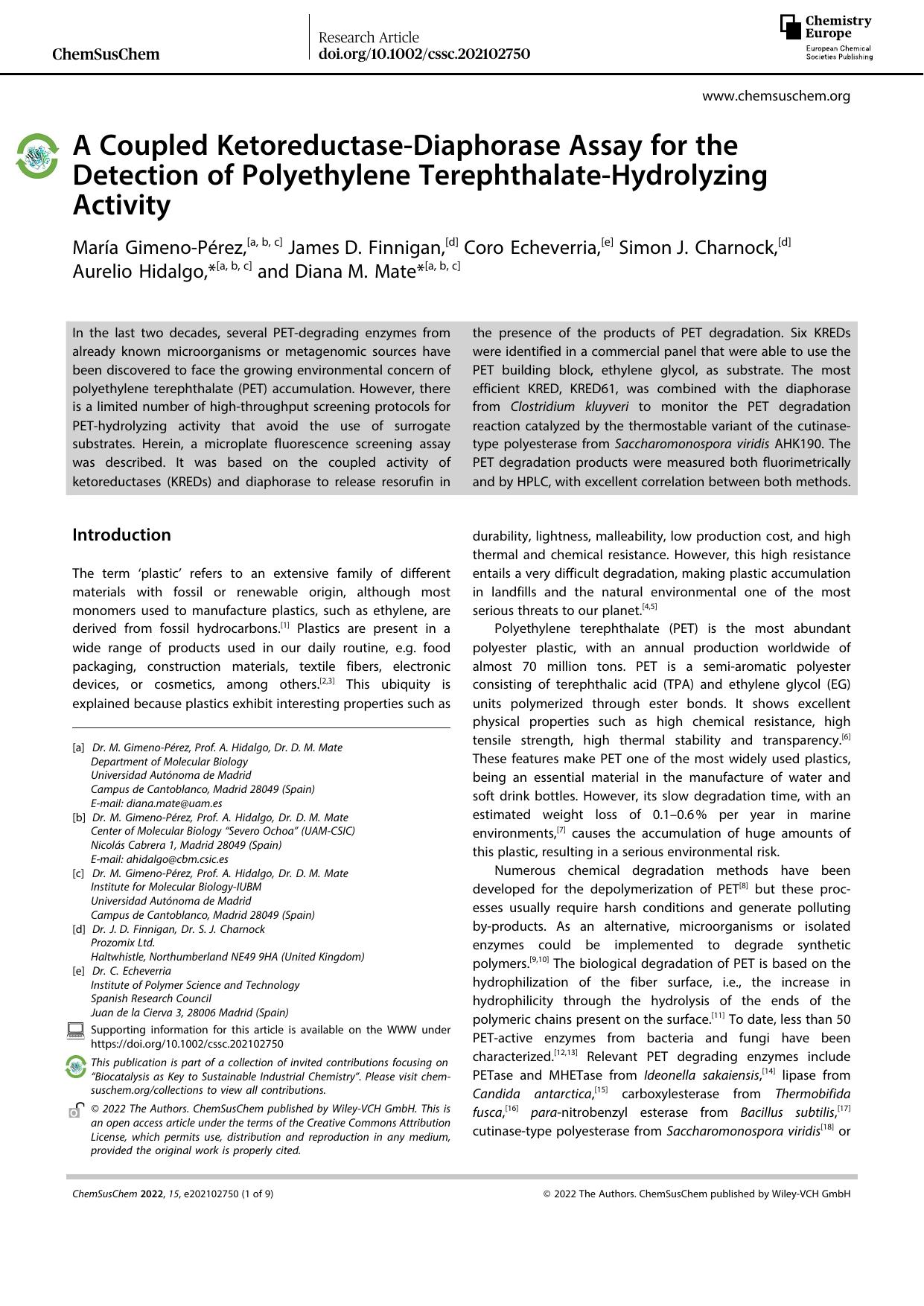 A Coupled KetoreductaseâDiaphorase Assay for the Detection of Polyethylene TerephthalateâHydrolyzing Activity by Unknown