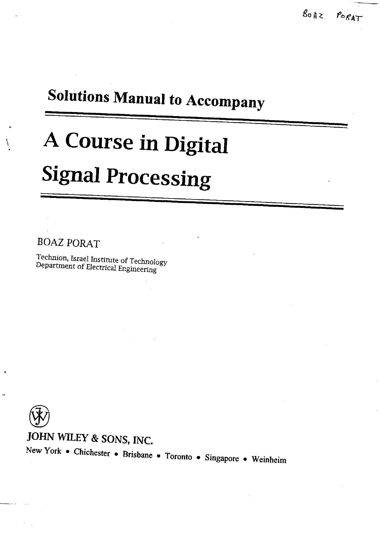 A Course in Digital Signal Processing. Solutions Manual by Porat Boaz