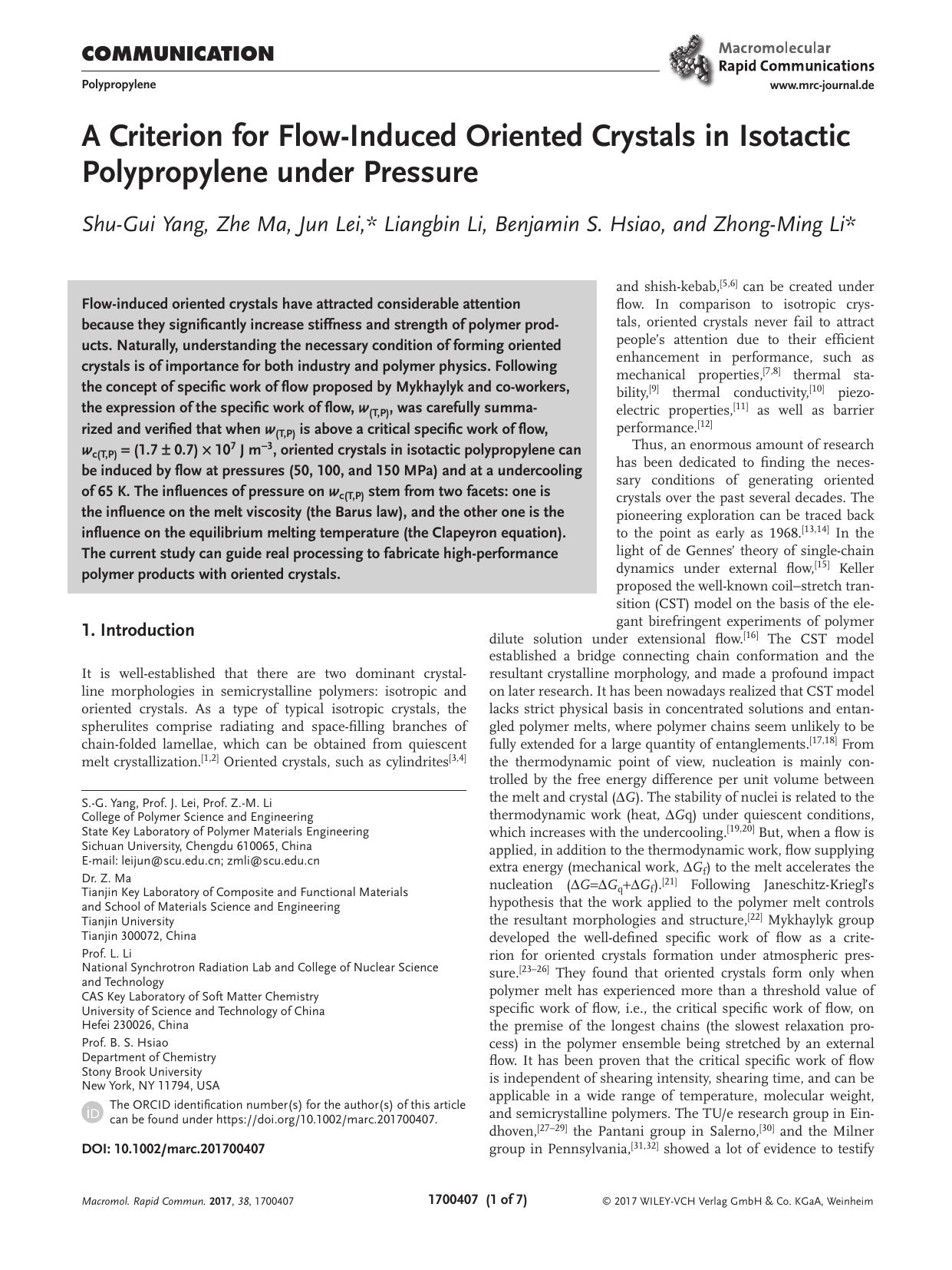 A Criterion for Flow‐Induced Oriented Crystals in Isotactic Polypropylene under Pressure by Unknown