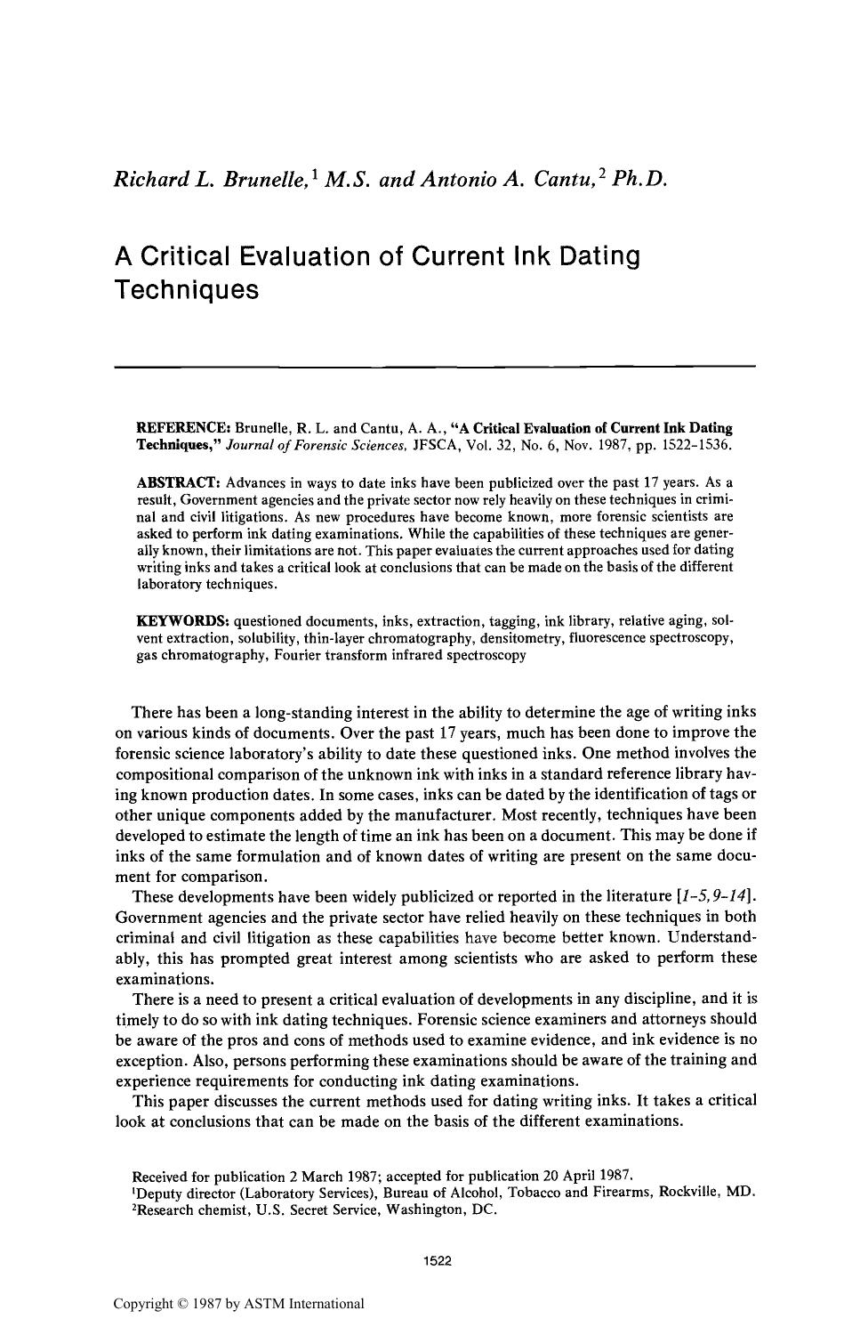 A Critical Evaluation of Current Ink Dating Techniques by Brunelle RL Cantu AA