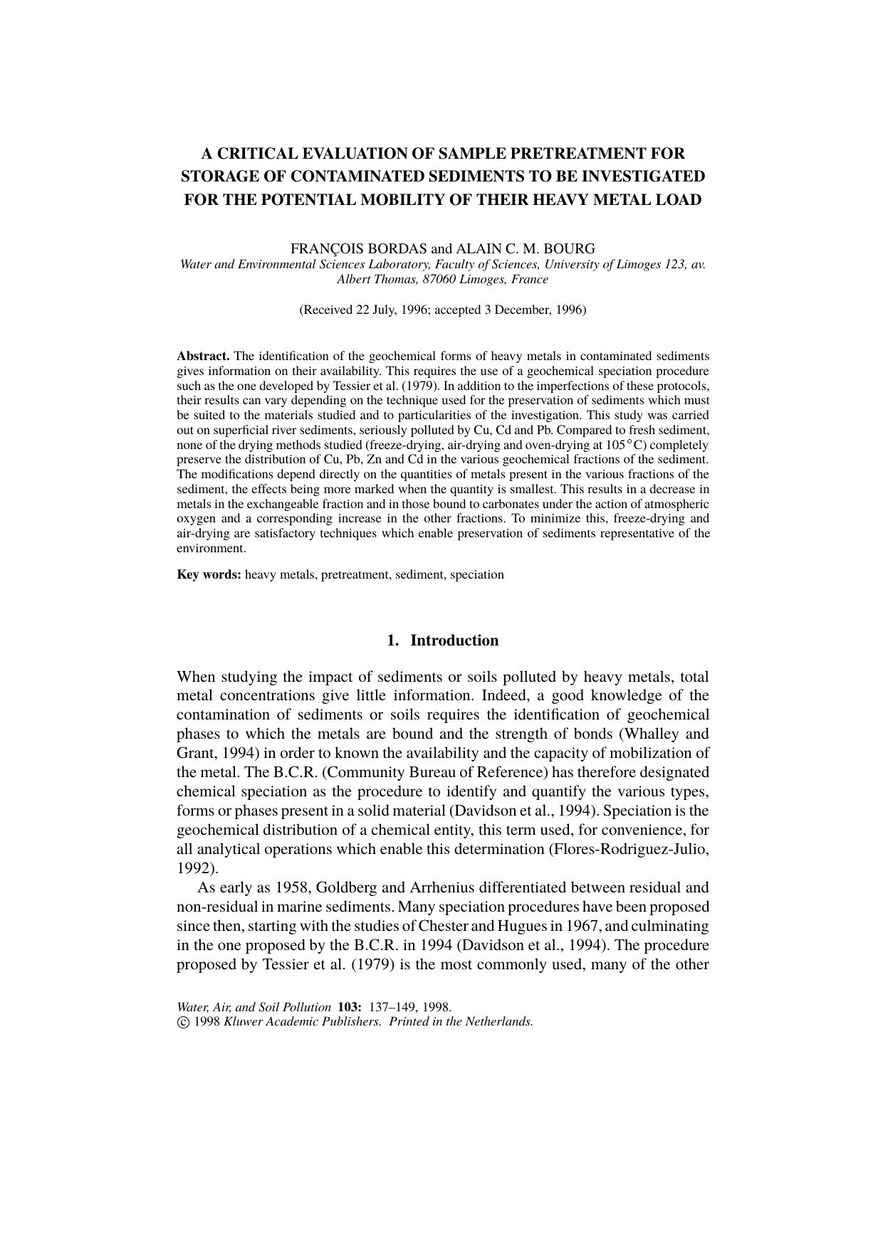 A Critical Evaluation of Sample Pretreatment for Storage of Contaminated Sediments to be Investigated for the Potential Mobility of their Heavy Metal Load by Unknown
