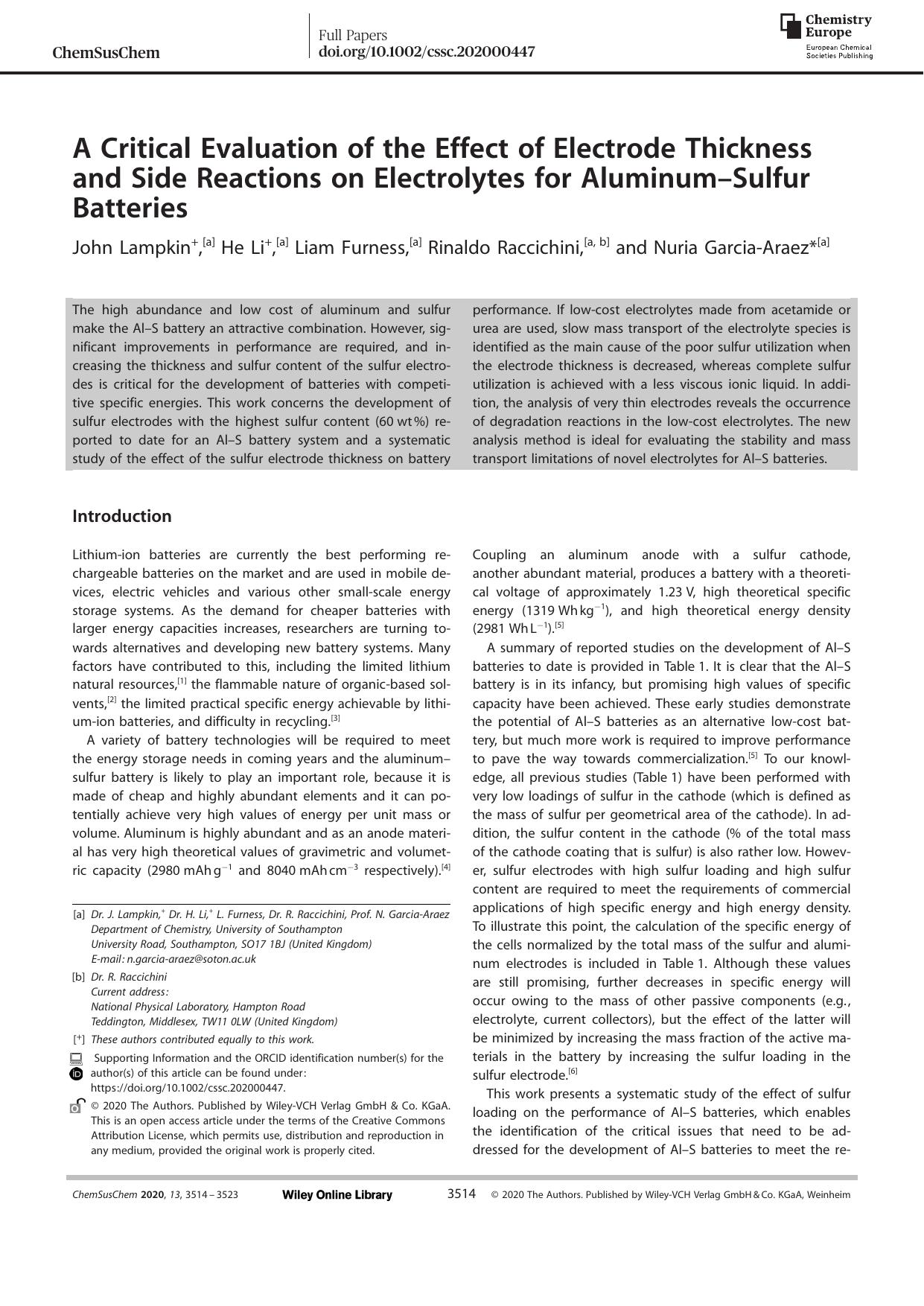 A Critical Evaluation of the Effect of Electrode Thickness and Side Reactions on Electrolytes for AluminumâSulfur Batteries by Unknown
