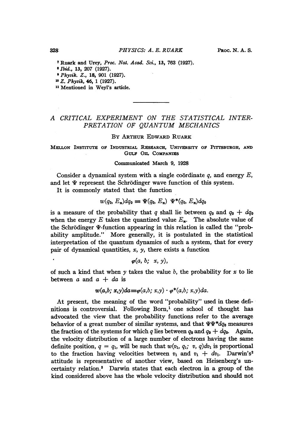 A Critical Experiment on the Statistical Interpretation of Quantum Mechanics by Ruark A.E