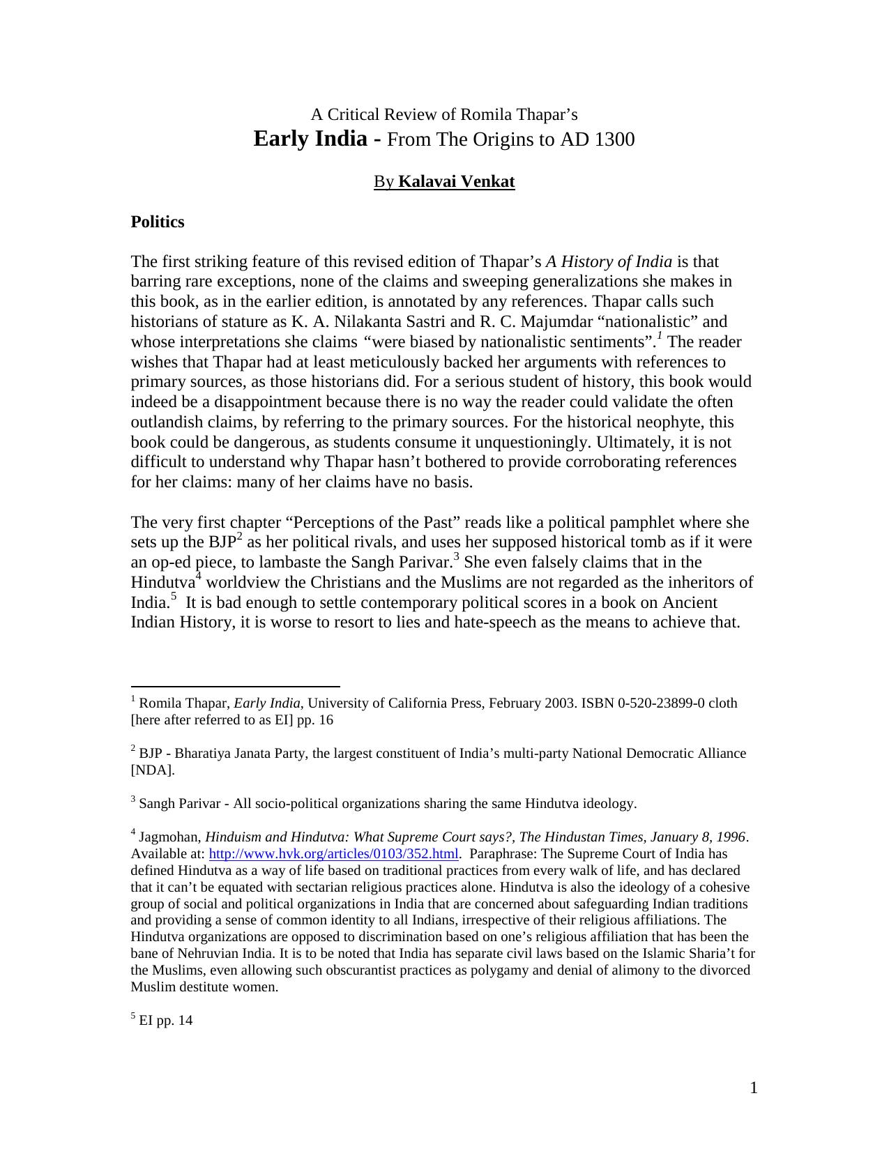 A Critical Review of Romila Thapar âs Early India - From The Origins to AD 1300 by Kalavai Venkat
