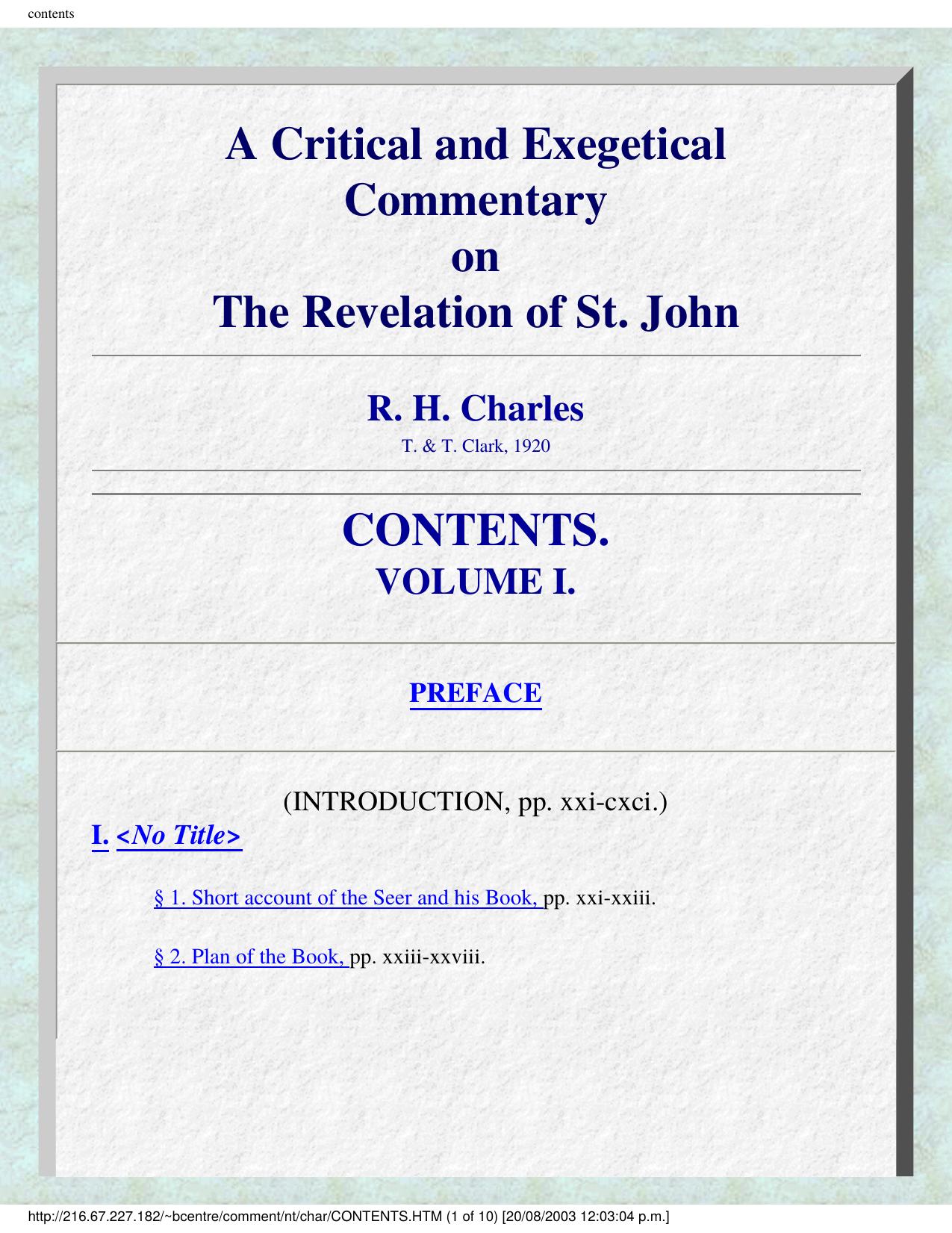 A Critical and Exegetical Commentary on Revelation by R H Charles