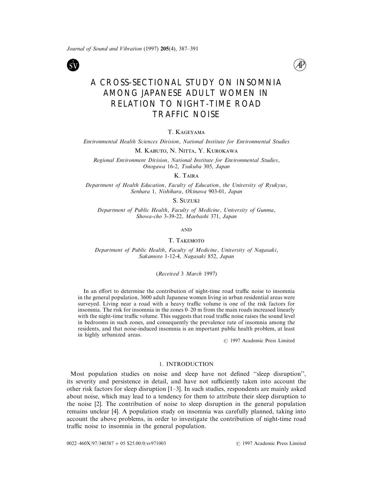 A Cross-Sectional Study on Insomnia Among Japanese Adult Women in Relation to Night-Time Road Traffic Noise by Kageyama T. et al