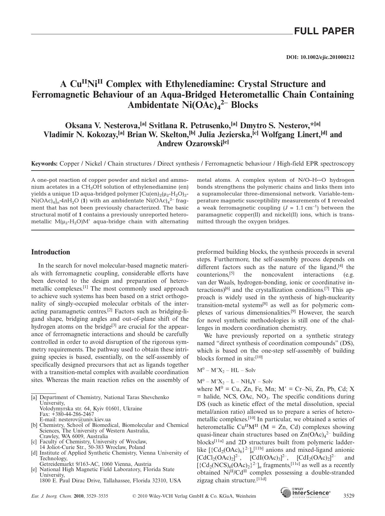 A CuIINiII Complex with Ethylenediamine: Crystal Structure and Ferromagnetic Behaviour of an AquaBridged Heterometallic Chain Containing Ambidentate Ni(OAc)42 Blocks by Unknown