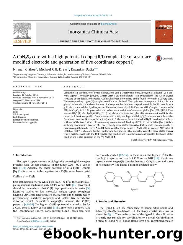 A CuN2S2 core with a high potential copper(III) couple. Use of a surface modified electrode and generation of five coordinate copper(I) by Nirmal K. Shee & Michael G.B. Drew & Dipankar Datta