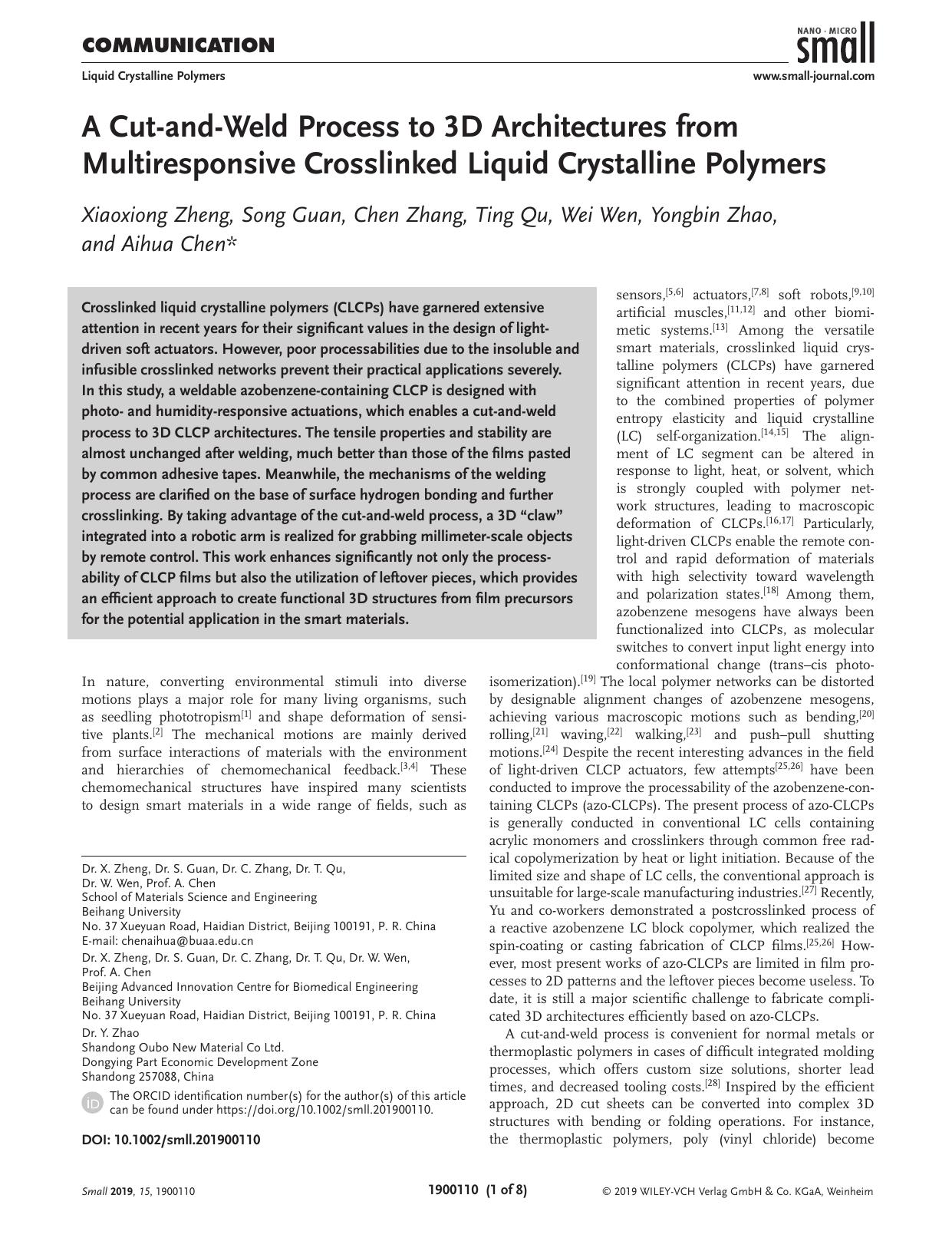 A Cut‐and‐Weld Process to 3D Architectures from Multiresponsive Crosslinked Liquid Crystalline Polymers by Unknown