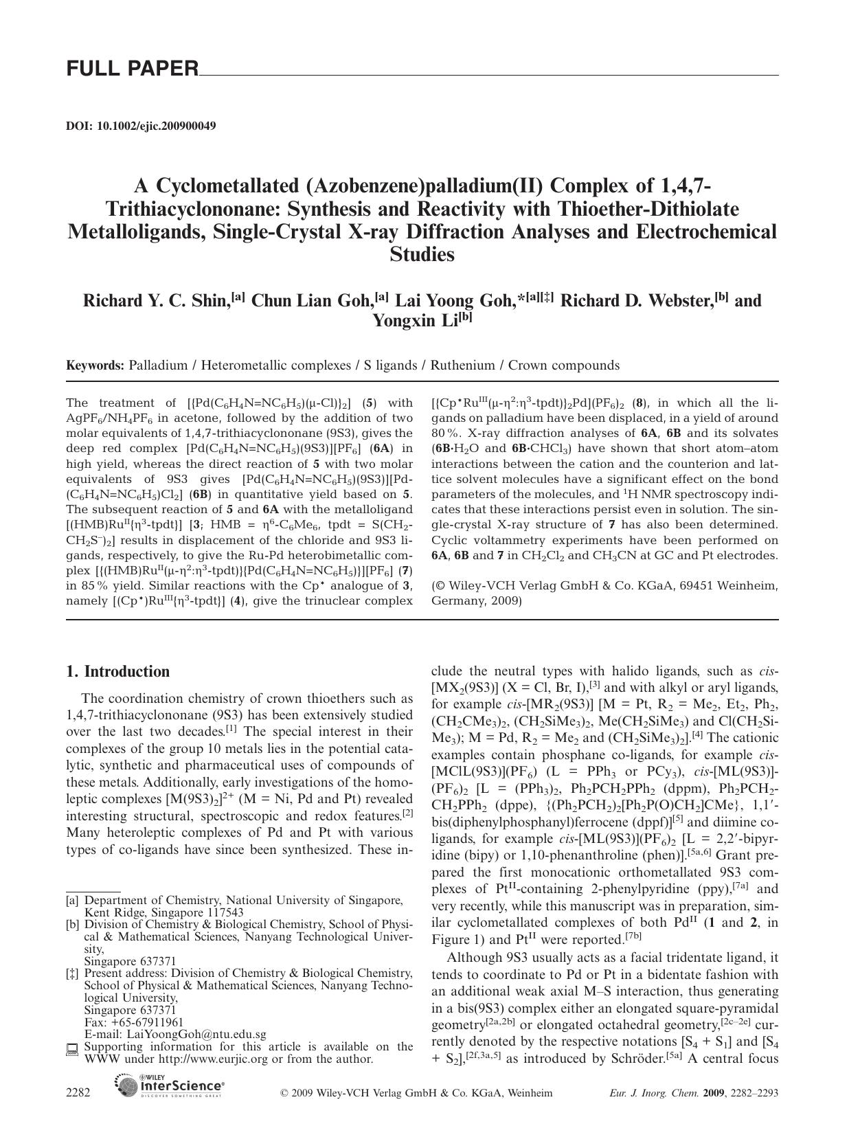 A Cyclometallated (Azobenzene)palladium(II) Complex of 1,4,7-Trithiacyclononane: Synthesis and Reactivity with Thioether-Dithiolate Metalloligands, Single-Crystal X-ray Diffraction by Unknown
